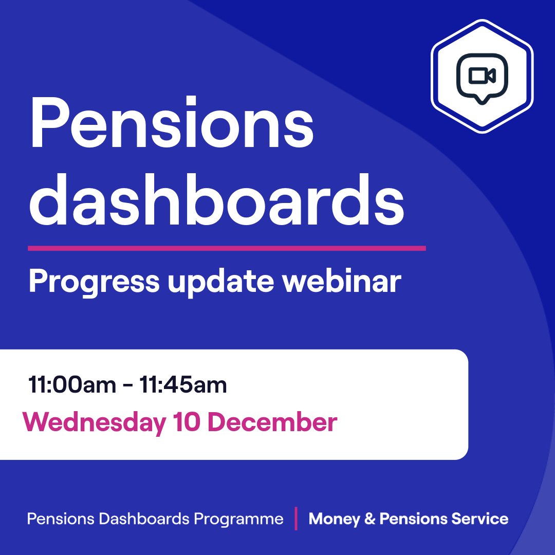 PensionsDboards's tweet image. Join us on Wednesday 10 December at 11:00am for a webinar discussion of the latest updates in our journey towards delivering #PensionsDashboards.

Hear about programme developments from the last 6 months and take part in Q&amp;amp;A.

Register to attend: ow.ly/SE8m50XrMOn