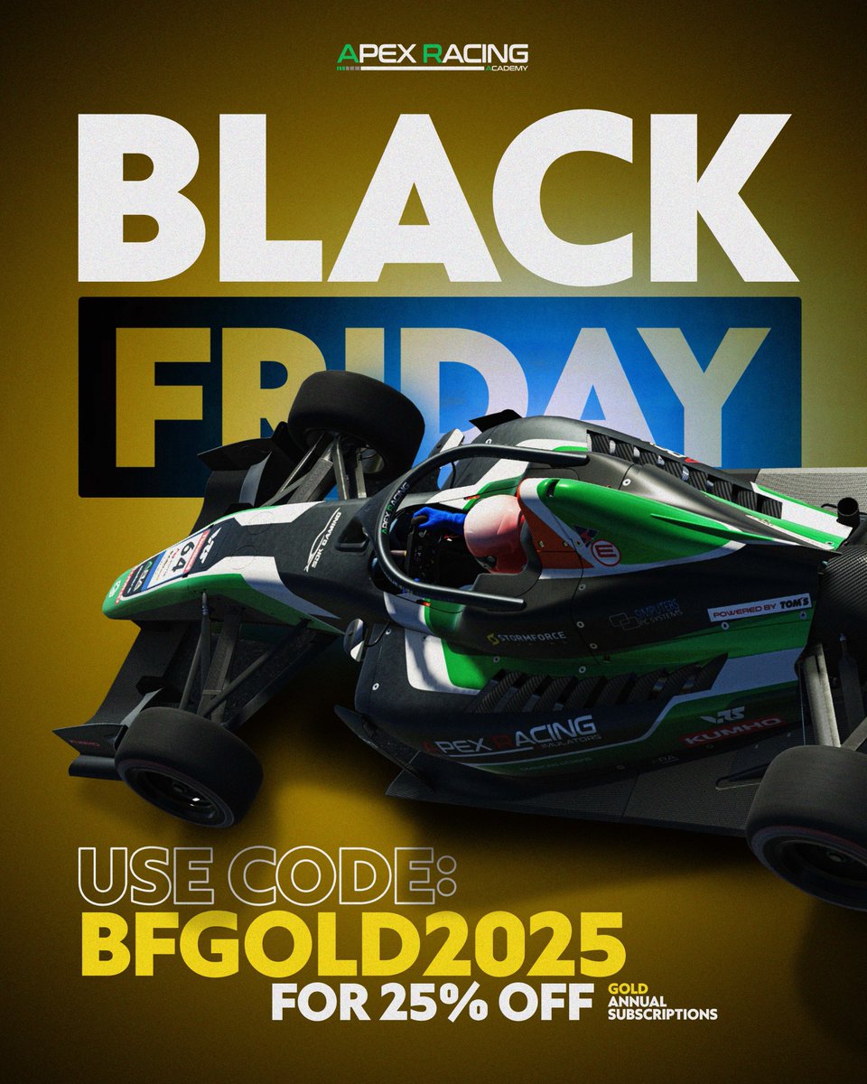 Black Friday is here, and so are the massive savings!

Use code: 'BFGOLD2025' to get 25% off Annual Gold
Use code: 'BF2025' to get 40% off Annual Silver

🔗 apexracingac.com

#apexracingacademy #iracing #iracingsetups #simracing #esports #blackfriday