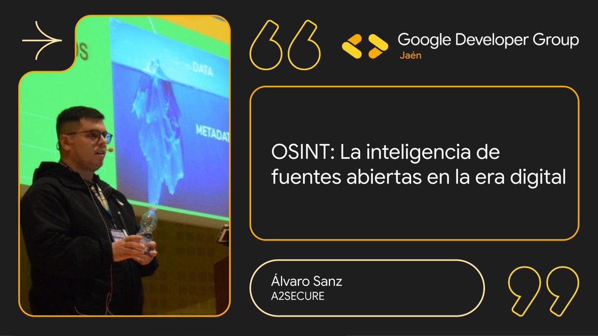 🕵️‍♂️🌐 OSINT: La inteligencia de fuentes abiertas en la era digital

📍 Aula 4 | Edificio A4 | Universidad de Jaén | 🕒 15:30 – 16:30
📅 22 de noviembre

Compra entradas: eventbrite.es/e/devfest-jaen…

#DevFestJaén2025 #GDGJaén