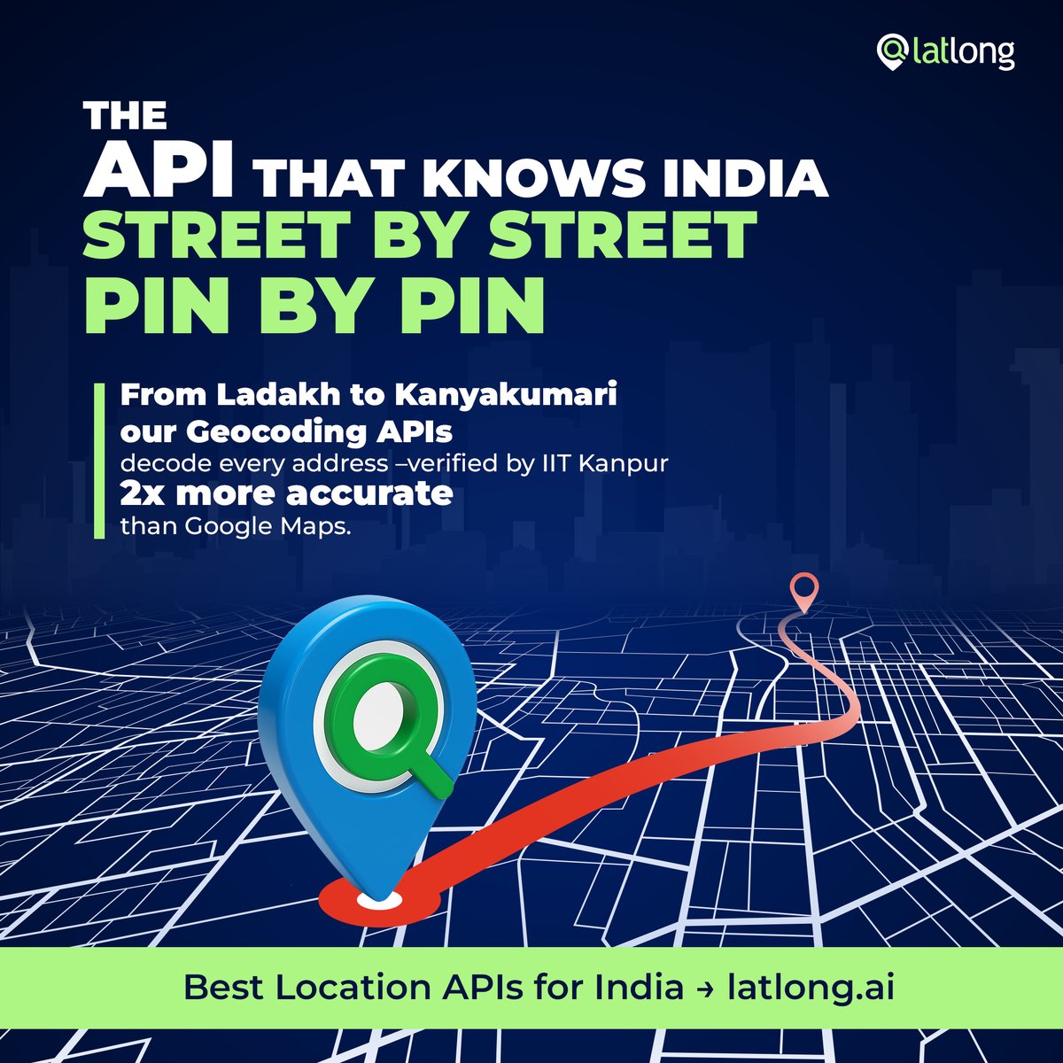 latlong_ai's tweet image. The API that knows India street by street, PIN by PIN! 🗺️Our Geocoding APIs decode every address, verified by IIT Kanpur, and are 2x more accurate than Google Maps. 
#GeoAPI #IndianTech #latlong #Geocoding #LocationAPI