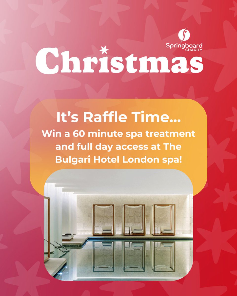 Springboard_UK's tweet image. The festive countdown is on! 🎄

Enter our Christmas Raffle for the chance to win a 60-minute spa treatment + full-day spa access at The Bulgari Hotel London! 💆‍♀️✨
Supports Springboard’s mission.
🎟️ loom.ly/YNqCWx8

#Springboard #Raffle #SpaDay