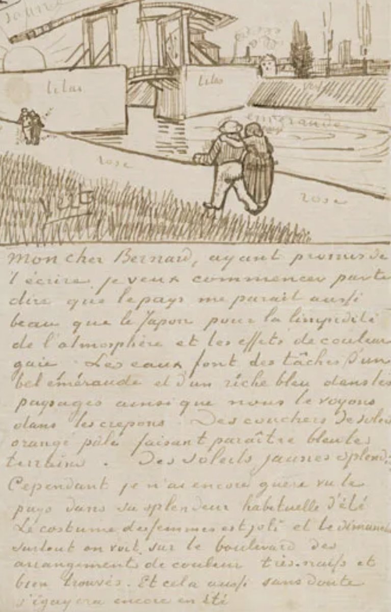 ColSilverUK's tweet image. I've long loved Vincent Van Gogh's painting of the Bridge at Langlois. I don't know why, but I was surprised at how beautiful was his handwriting, and how lovely were his illustrated letters. #VanGogh #Letters #Art