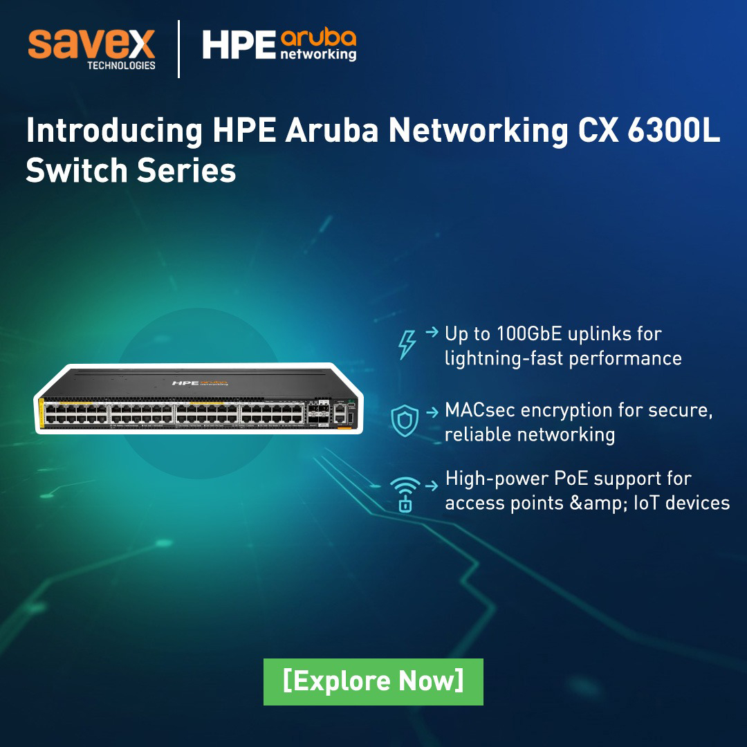 SavexTechnology's tweet image. Introducing the HPE Aruba Networking CX 6300L Switch Series engineered for high speed connectivity and secure scalable network performance.
With up to 100GbE uplinks built in MACsec encryption and high power PoE for modern access points and IoT devices it delivers the reliability