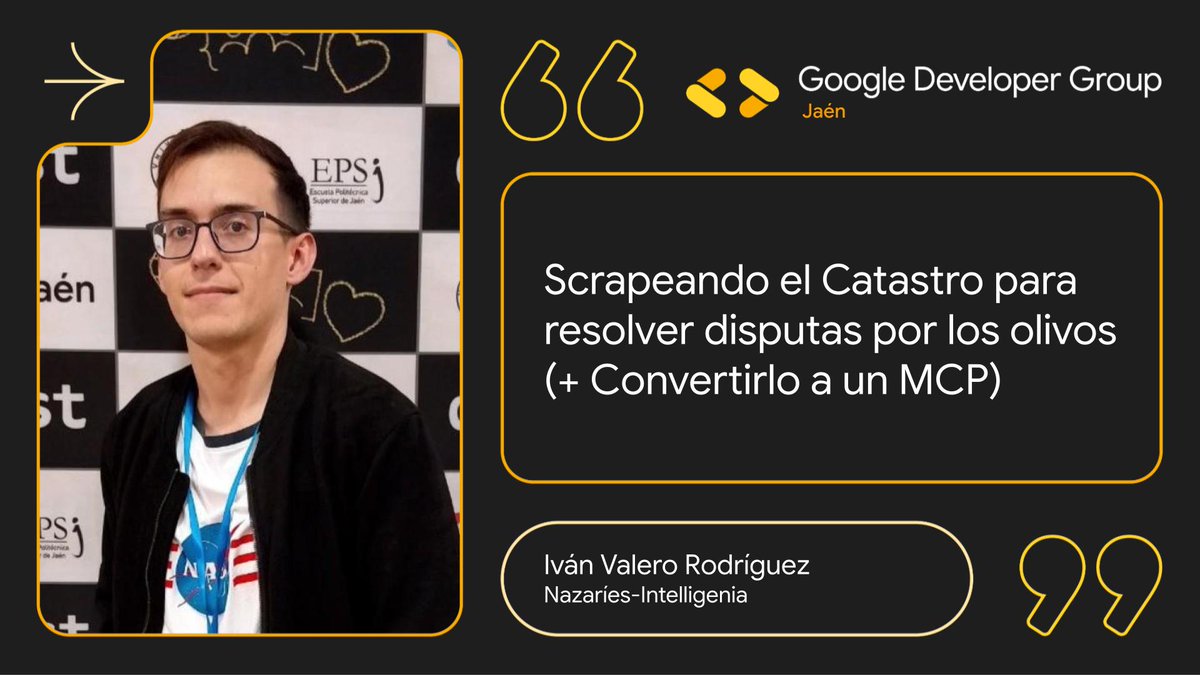 🌳💻 Scrapeando el Catastro para resolver disputas por los olivos (+ Convertirlo a un MCP)

📍 Aula 4 | Edificio A4 | Universidad de Jaén |🕛 12:30 – 13:30
📅 22 de noviembre

Compra entradas: eventbrite.es/e/devfest-jaen…

#DevFestJaén2025 #GDGJaén