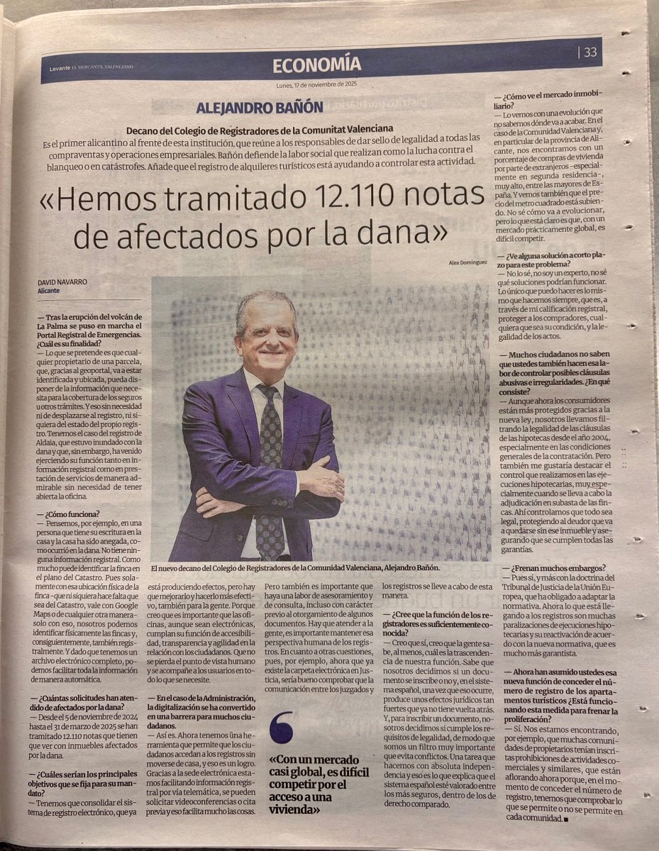 El decano autonómico de <a href="/RegistradoresCV/">RegistradoresDecanatoCV</a> <a href="/ambanon4/">Alejandro Bañón</a> habla hoy en el periódico <a href="/informacion_es/">INFORMACION.es</a> y en <a href="/levante_emv/">Levante-EMV</a> sobre la función de los <a href="/Registrador_es/">Registradores de España</a> #Actualidad #SeguridadJurídica #FunciónSocial informacion.es/economia/2025/…