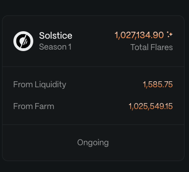 Finally crossed 1M Flares in <a href="/solsticefi/">Solstice</a> 
Looking forward for $SLX token. 
Will also add funds for yt-usx once the price go little down.
Also want to connect with every person who is farming Solstice. Send me a like, will follow.

#SLX #flares #solstice #airdrop