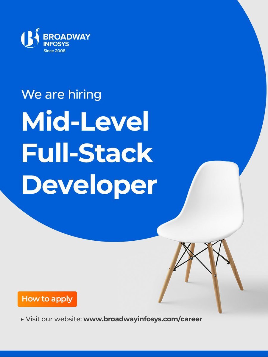 broadwayinfosys's tweet image. We are looking for a skilled and passionate Mid-Level Full-Stack Developer to join our growing in-house team.
Interested candidates are encouraged to view the full details via the link below:
buff.ly/5rq7BxW

Please send your updated CV to hr@broadwayinfosys.com

#Hiring