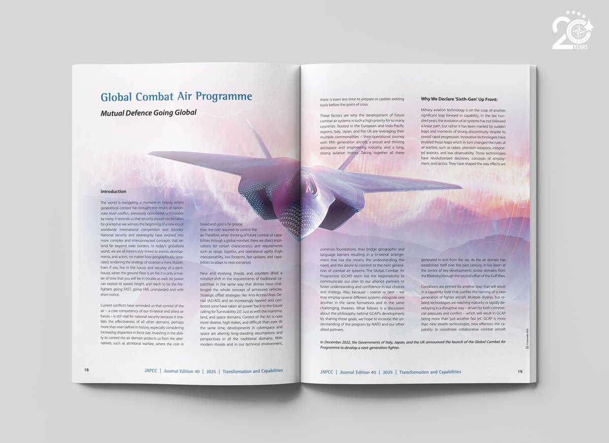 JointAirPower's tweet photo. 🌍 Global Combat Air Programme – Mutual Defence Going Global

#GCAP brings Italy, the UK, and Japan together to shape sixth-generation combat air, a survivable, long-range ‘quarterback’ built for tempo, adaptability, and multinational integration across contested regions.

📖 Read the full article in JAPCC Journal 40: https://t.co/x1tXGRFHcb