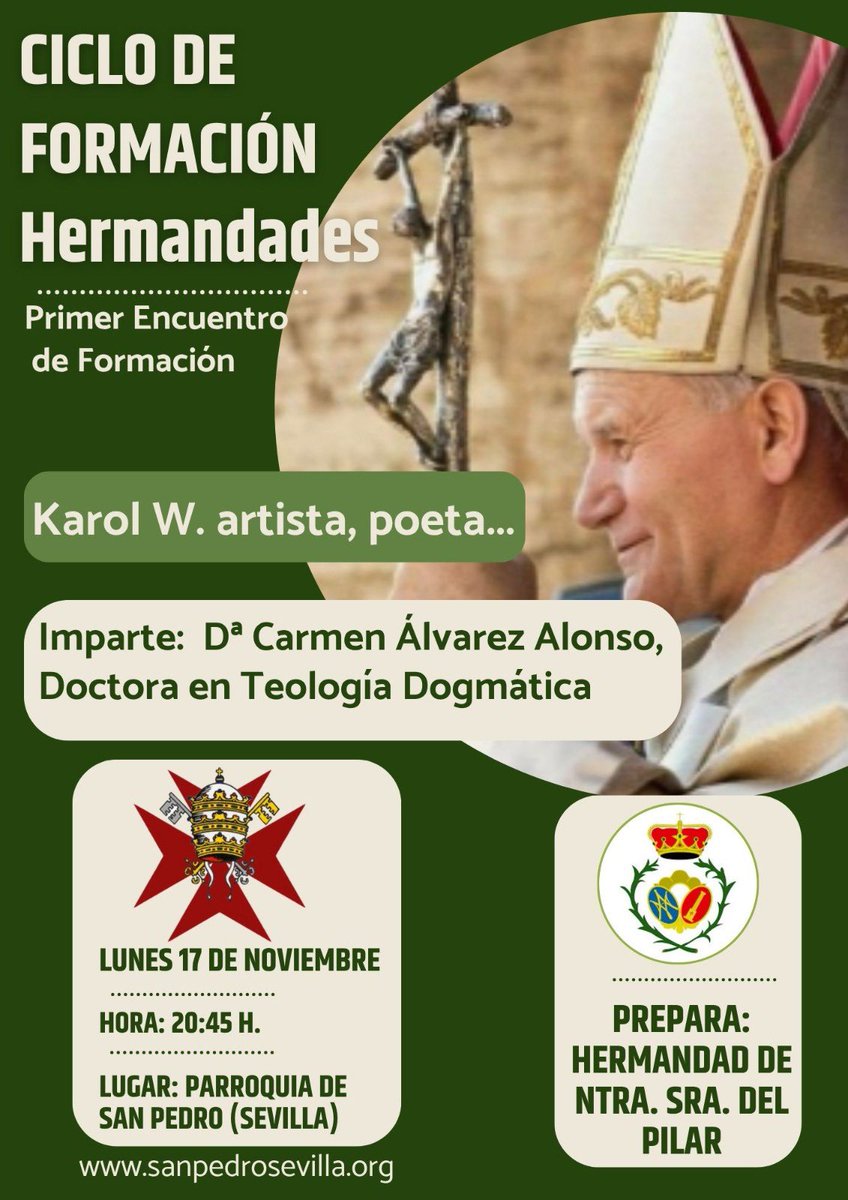 CICLO DE FORMACIÓN DE HERMANDADES

🔴 Karol W. artista, poeta...

⛪ <a href="/ParroqSanPedro/">Parroquia San Pedro Apóstol y San Juan Bautista</a> 

🗓️ Hoy, lunes 17 de noviembre

🕢 20:45h

Imparte: Doña Carmen Álvarez Alonso, Doctora en Teología Dogmática.

Organiza esta Primitiva Hermandad.

¡Os Esperamos!