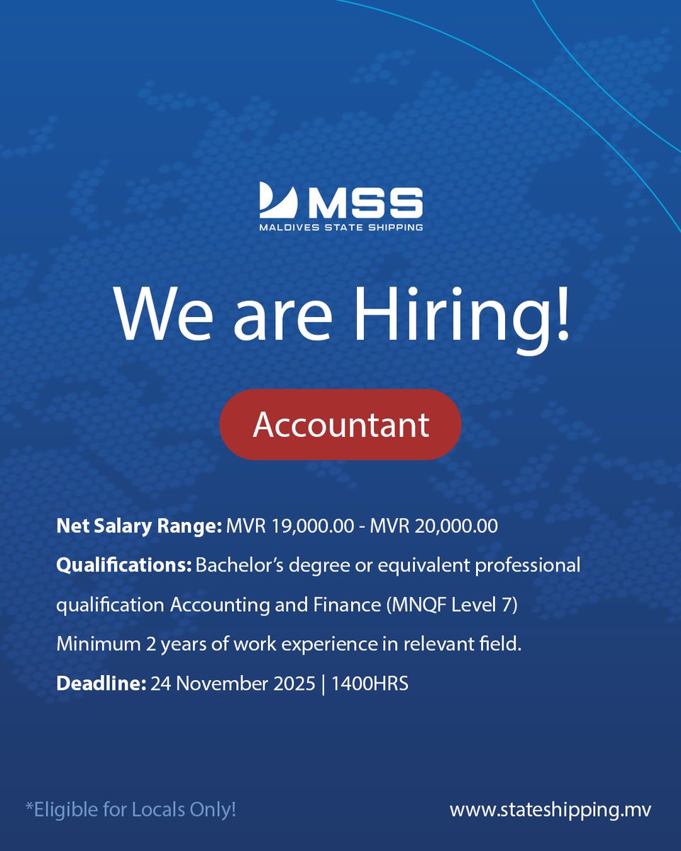 Join our team and be a vital part of an innovative community thriving on excellence and productivity!
Apply now! 

gazette.gov.mv/iulaan/368199
gazette.gov.mv/iulaan/368197