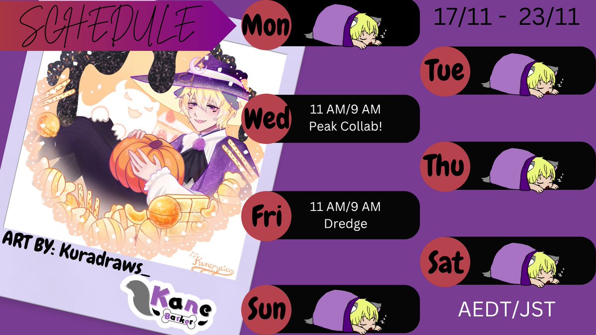 KBarkerVT's tweet image. SCHEDULE! Times are in AEDT and JST~
TAGS
General: #kanebarker
Art: #kanemarker
Memes: #woofmemes
NSFW: #kinkbarker
#VTuber #ENVTuber