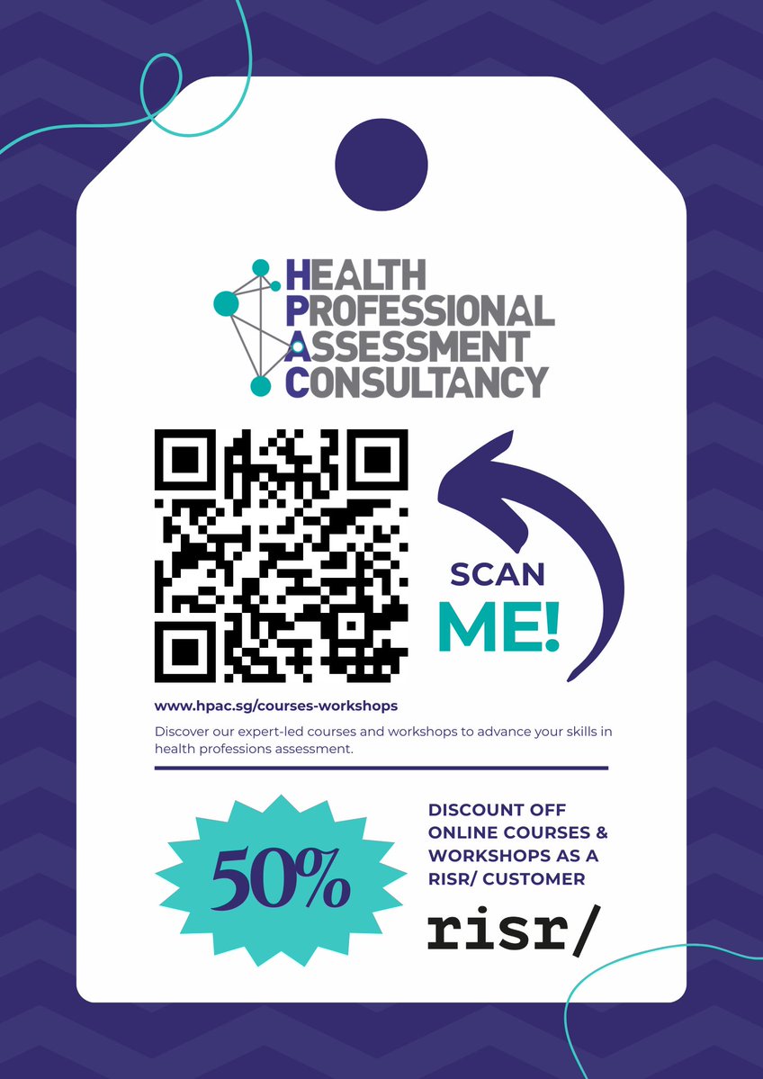 HPAConsultancy's tweet image. We are pleased to share an exclusive 50% discount on our online courses and workshops for risr/ customers.

Scan the QR code or visit hpac.sg/courses-worksh… to explore upcoming opportunities.

We hope to see you online soon!

#HPAC #Assessment #MedEd #HPE