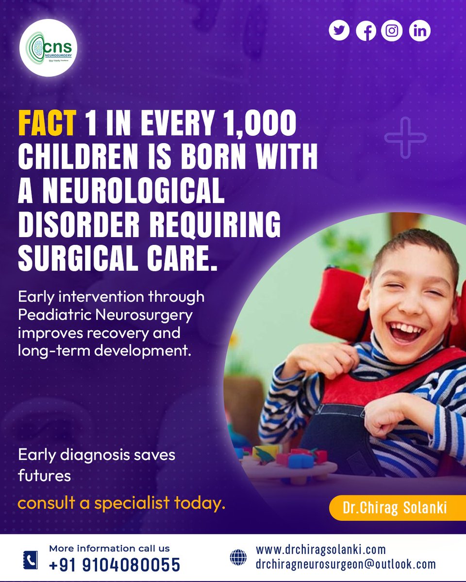 dr_cns's tweet photo. 🧠 Fact: 1 in every 1,000 children is born with a neurological disorder requiring surgical care.

Early diagnosis and paediatric neurosurgery can make a life-changing difference — improving recovery, development, and overall quality of life. 

#PaediatricNeurosurgery #ChildHealth https://t.co/xo7DTPOVtJ
