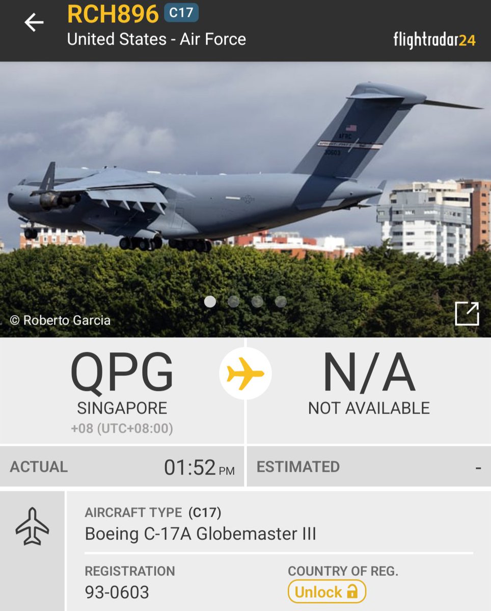 OSINTMilTracker's tweet image. 🇺🇲 #USAF heavy military transport aircraft Boeing C-17A Globemaster III departed from Singapore 🇸🇬 (#QPG), actually heading towards Japan 🇯🇵.

#RCH896, C17, REG 93-0603
- fr24.com/RCH896/3d2308d8
