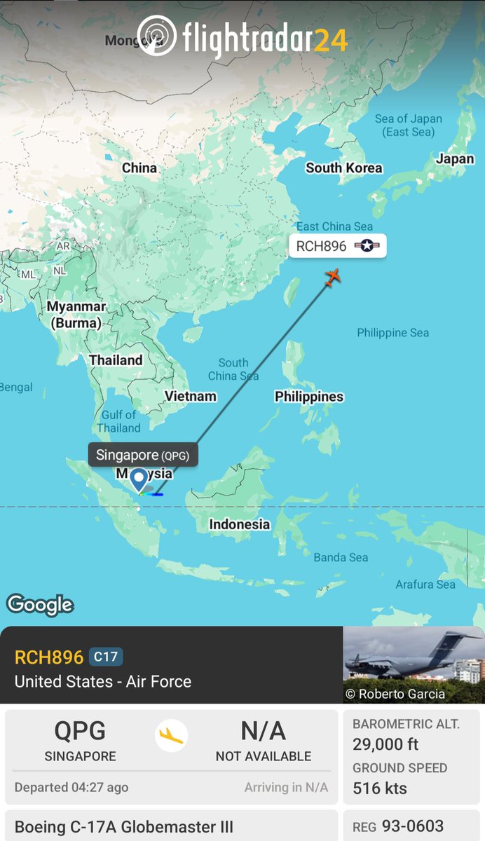 OSINTMilTracker's tweet image. 🇺🇲 #USAF heavy military transport aircraft Boeing C-17A Globemaster III departed from Singapore 🇸🇬 (#QPG), actually heading towards Japan 🇯🇵.

#RCH896, C17, REG 93-0603
- fr24.com/RCH896/3d2308d8