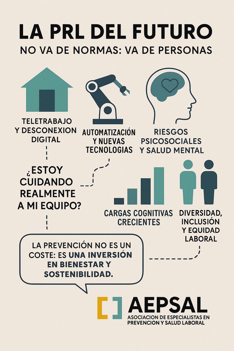 Aepsal's tweet image. La PRL del futuro no va de normas:
👉 Va de personas.
Nuevos riesgos, nuevas formas de trabajar, nuevas necesidades.
En @Aepsal  lo tenemos claro: prevenir es cuidar.

#PRL #Prevención #SaludLaboral #SeguridadLaboral #CulturaPreventiva