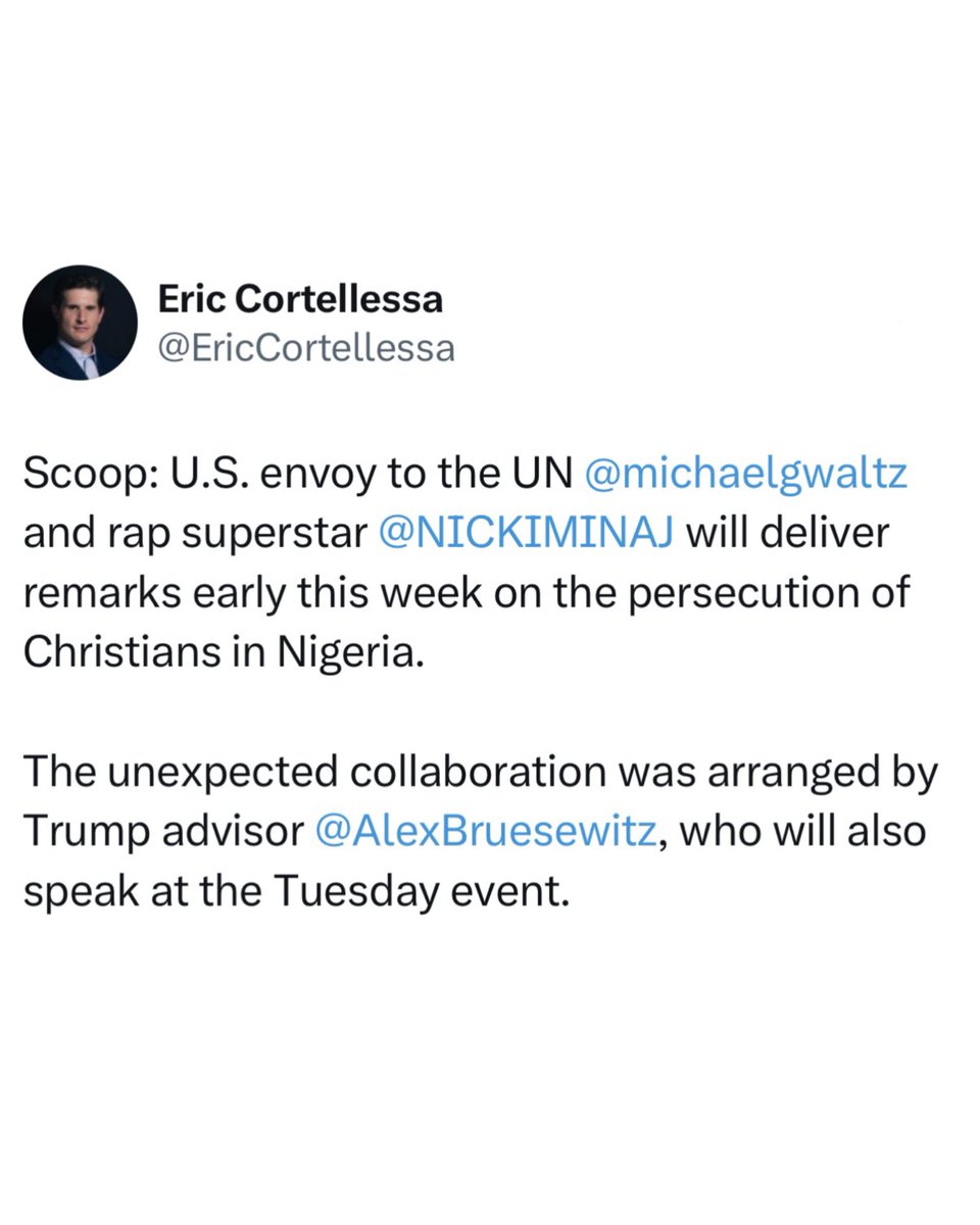 NigeriaStories's tweet photo. JUST IN: Nicki Minaj  to speak tomorrow at the United Nations on the persecution of Christians in Nigeria 🇳🇬 https://t.co/ZwLWdpUxrk