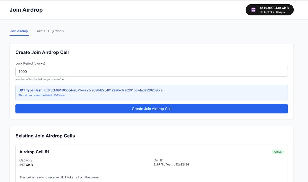 CKBdev's tweet image. Another experimental demo is out🌱 
Join Airdrop — a lightweight airdrop-lock contract where users fund their own Cells first to register for the airdrop &amp;amp; receive tokens. 
Built entirely in TypeScript.

What it solves: 
In CKB&apos;s cell model, airdrop issuers typically need to…