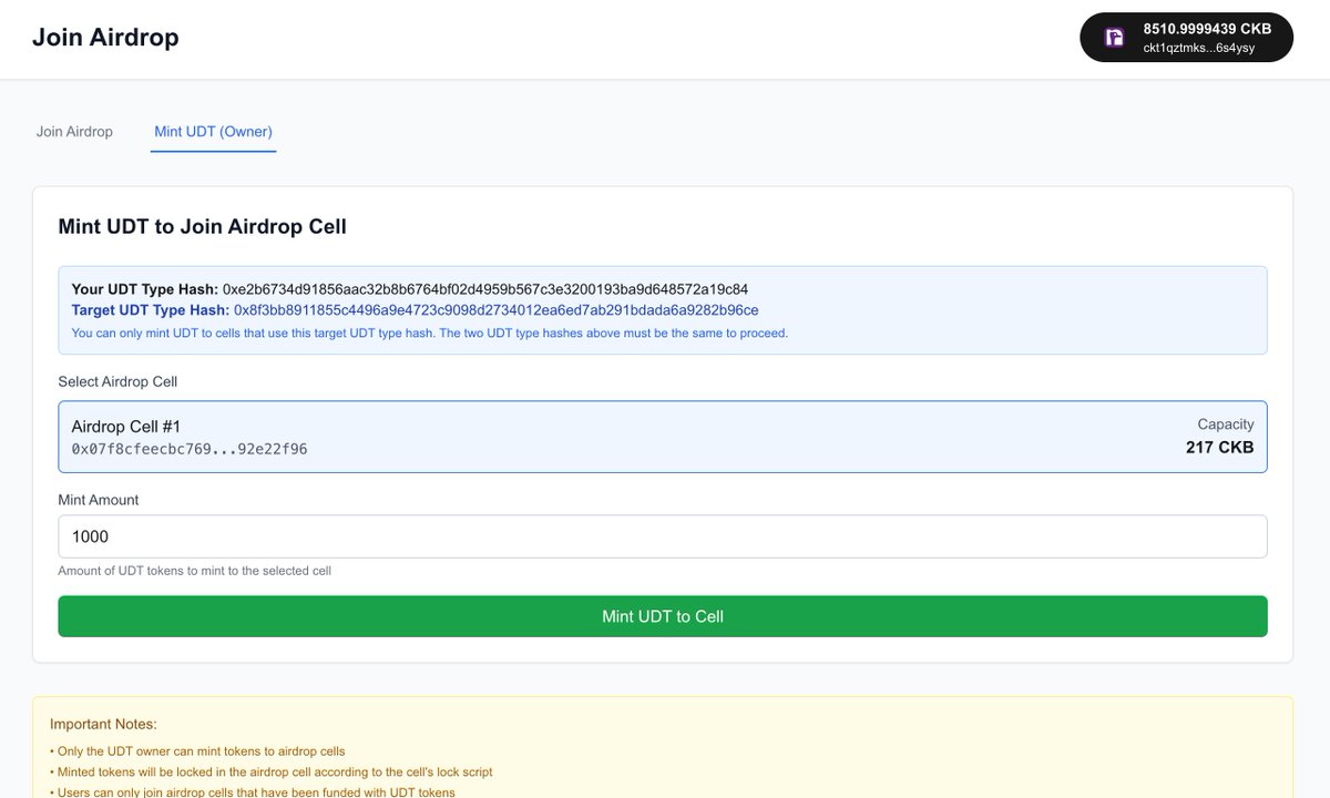 CKBdev's tweet image. Another experimental demo is out🌱 
Join Airdrop — a lightweight airdrop-lock contract where users fund their own Cells first to register for the airdrop &amp;amp; receive tokens. 
Built entirely in TypeScript.

What it solves: 
In CKB&apos;s cell model, airdrop issuers typically need to…