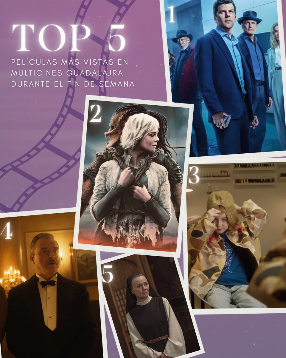 🔝5️⃣ Películas más vistas en Multicines Guadalajara durante el fin de semana:

1️⃣ Ahora me ves 3
2️⃣ Predator: Badlands
3️⃣ Cuerpos locos
4️⃣ La cena
5️⃣ Los domingos