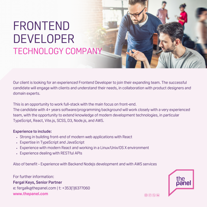 ThePanelDublin's tweet image. Our client is seeking an experienced Frontend Developer (thepanel.com/job/50968/it-b…) to join their team.

For more information, contact Fergal at fergalk@thepanel.com

#jobfairy #frontenddeveloper #fullstack #softwareprogramming #TypeScript #JavaScript
