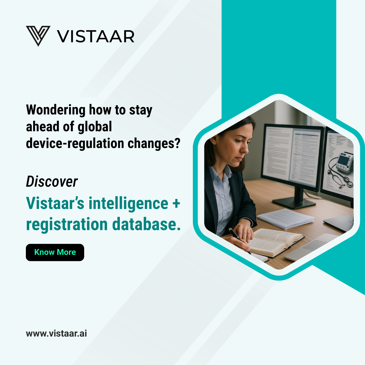 vistaarai's tweet image. Regulatory Intelligence / Registration 

Stay ahead of global device-regulation changes with Vistaar’s Regulatory Intelligence &amp;amp; Registration Database alerts, requirements &amp;amp; lifecycle insights.

Learn more: vistaar.ai/medical-device…
#RegulatoryIntelligence #MedicalDevices