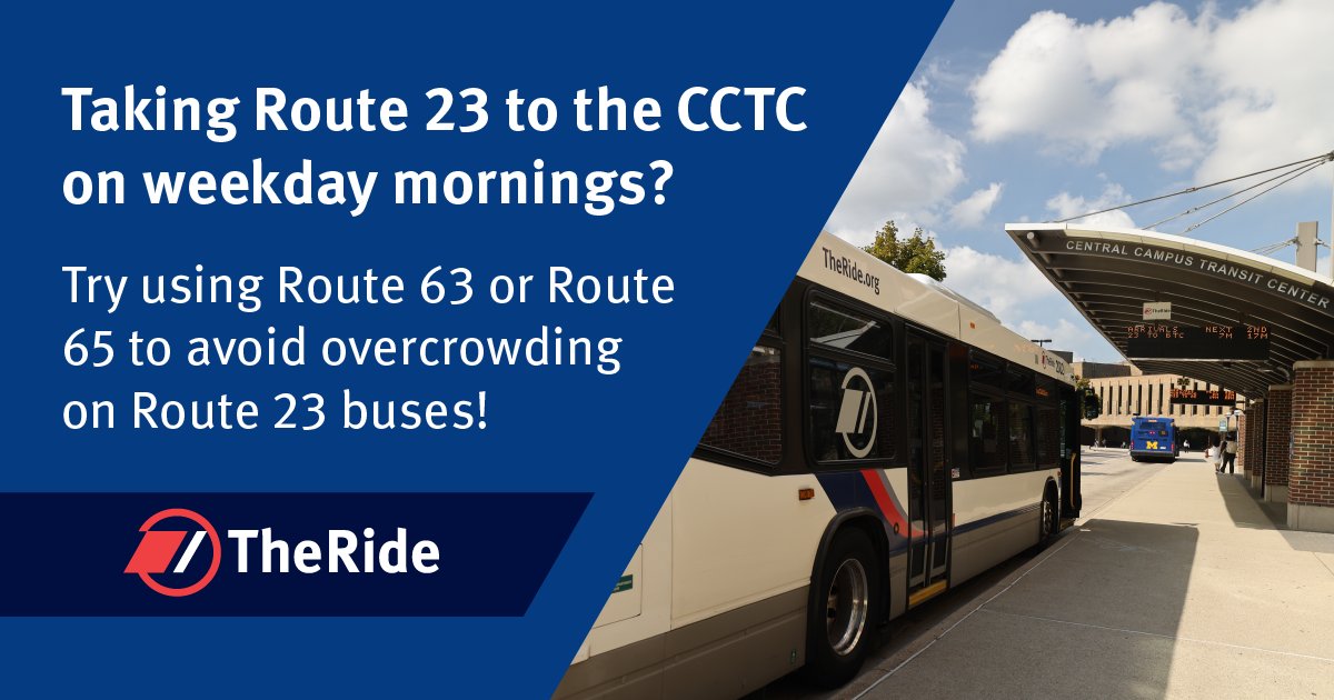 CatchTheRide's tweet image. As a reminder, riders should consider using Routes 63 &amp;amp; 65 to reach the Central Campus Transit Center on weekday mornings to avoid overcrowding on Route 23. Learn more at: bit.ly/4bfcCwo.