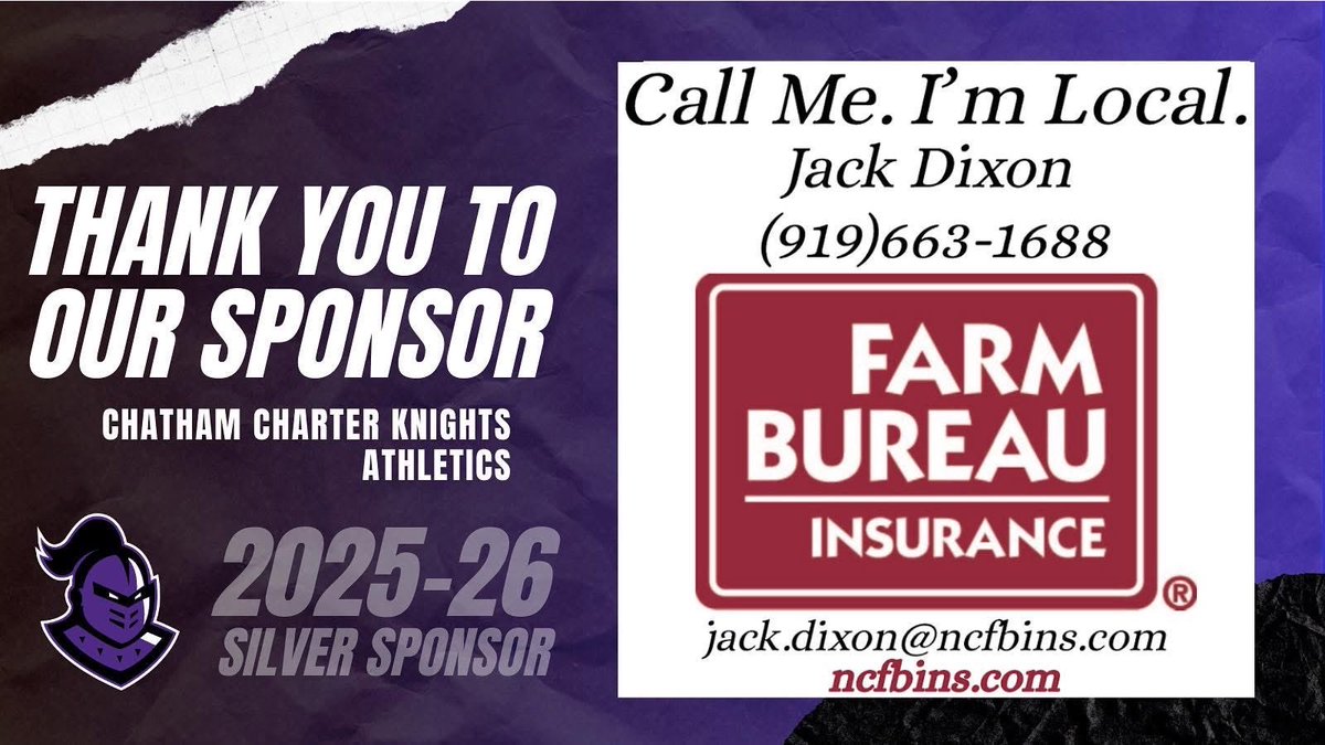 We’re proud to recognize Jack Dixon with Farm Bureau Insurance as a Silver Sponsor of Chatham Charter Athletics! Jack is dedicated to serving local families with reliable protection, and we’re grateful he extends that same support to our athletes and school community.⚔️