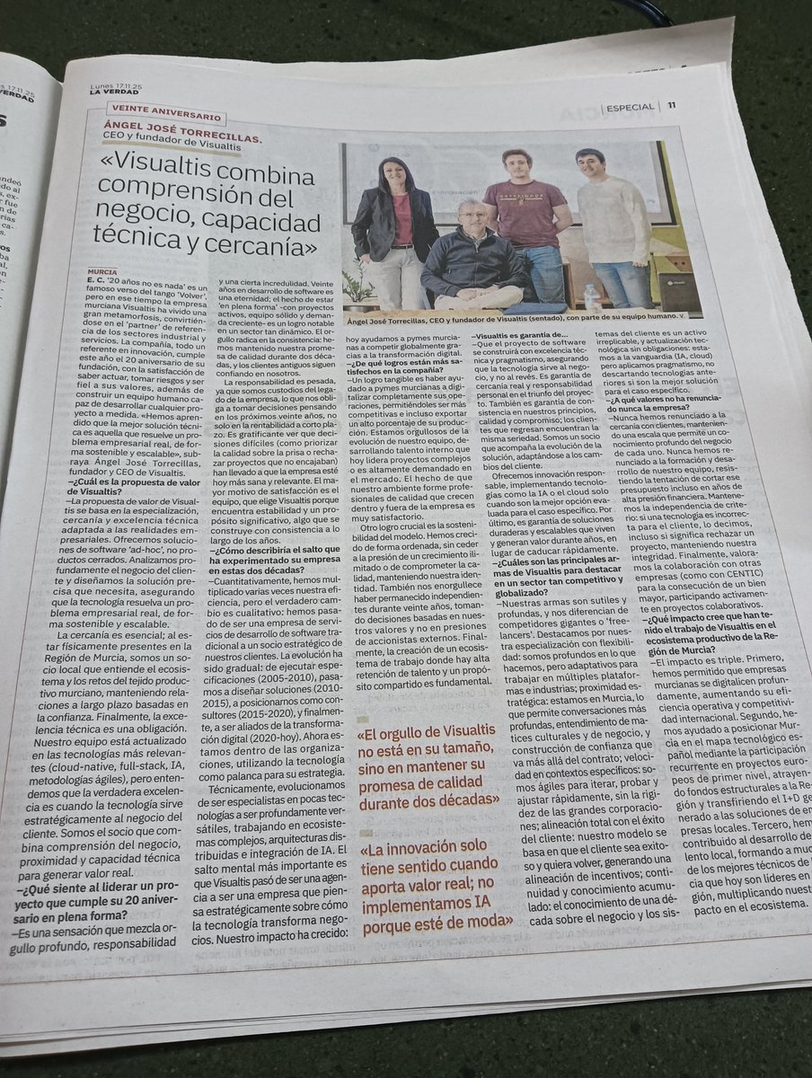 Continuar la mañana tomando un café en Casa Lorente, en la Corredera de #lorca y ver el reportaje de Don Ángel Torrecillas <a href="/atosan_master/">Angel J. Torrecillas</a> por el 20 aniversario de <a href="/visualtis/">Visualtis</a> mientras leo <a href="/laverdad_es/">laverdad_es</a>, #notieneprecio 
Un gran #empresario y una gran #empresa
Enhorabuena Ángel!!