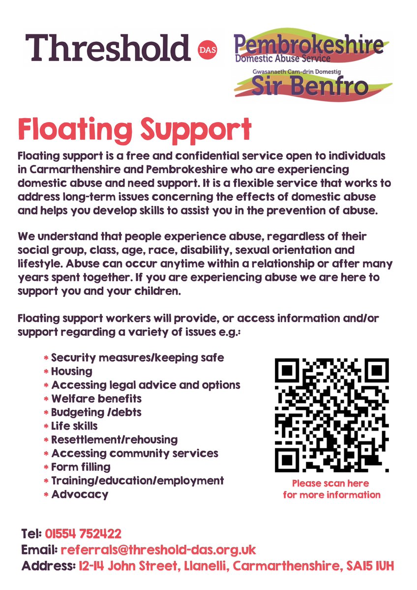 ThresholdDAS's tweet image. Our free and confidential floating support service is available for individuals in Carmarthenshire and Pembrokeshire who are experiencing domestic abuse and need support.

Contact us today:
📞 01554 752422
📧 referrals@threshold-das.org.uk
📍 12-14 John Street, Llanelli, SA15 1UH