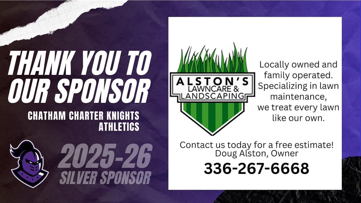 We’re proud to recognize Alston’s Lawn Care &amp; Landscaping as a Silver Sponsor of Chatham Charter Athletics! From cultivating beautiful lawns to supporting growing athletes, your impact makes a huge difference.⚔️