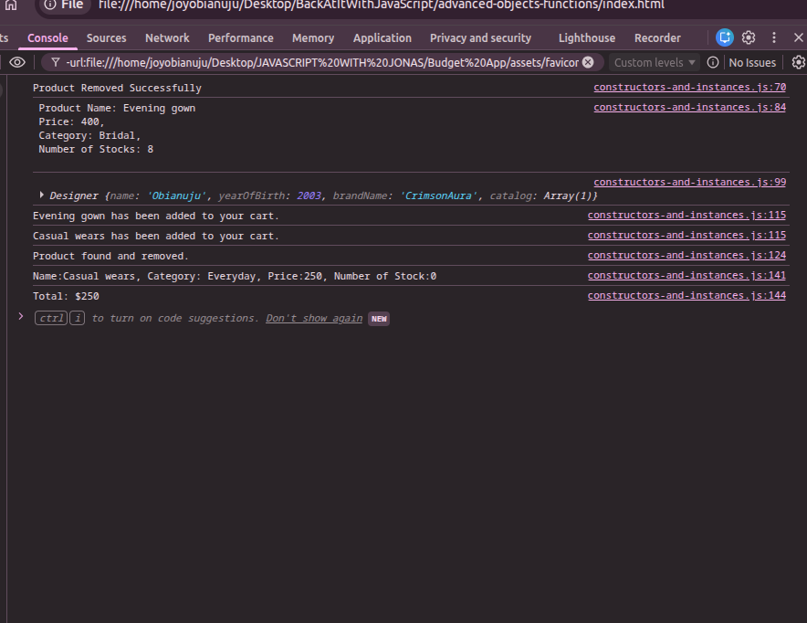 Obianuju_sunday's tweet image. Day 13 — #BackAtItWithJavaScript

Yesterday was all about adding, removing and listing products… all in my console 😂
Today I took it further and started shaping the full checkout system 
 Not even tested yet but I love how much clearer constructors + subclasses are becoming.