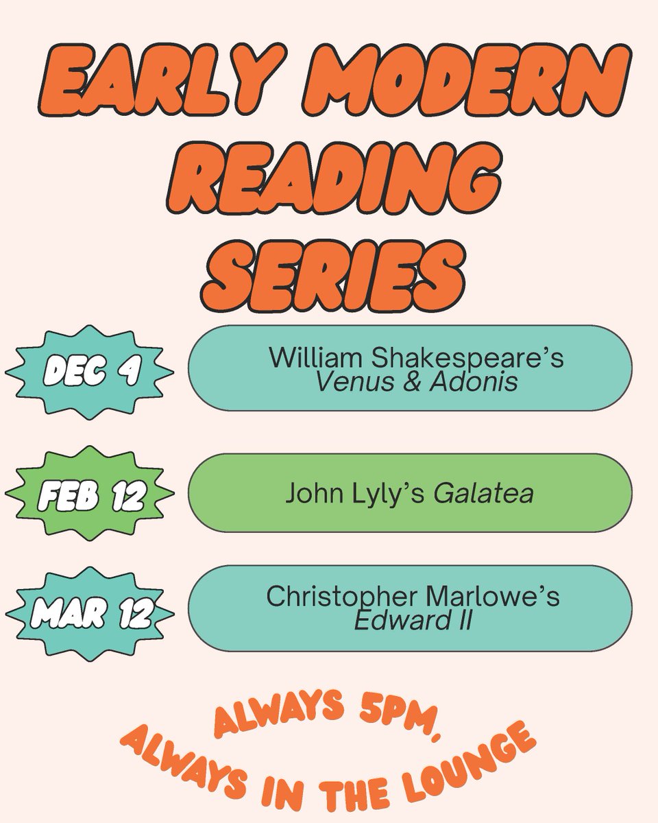 ShakesInstitute's tweet photo. Early modern play readings coming up📖
Come and while away a winter evening with a cup of tea or a bottle of wine🍷
... Yes, we know there's an imposter posing as a play (we're looking at you, 'Venus and Adonis'!)
#playreadings #Shakespeare #lyly #marlowe #galatea #edwardII https://t.co/n0URC4QupF