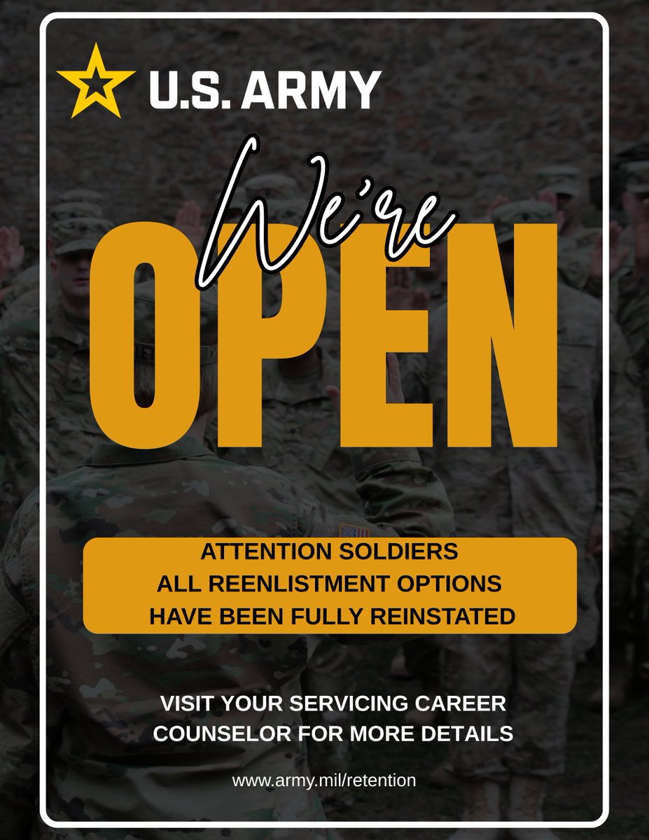armyretention's tweet image. Army Retention Options are back! Soldiers, visit your Career Counselor today to explore your options! @USArmy_G1 @USArmy @ArmyHRC