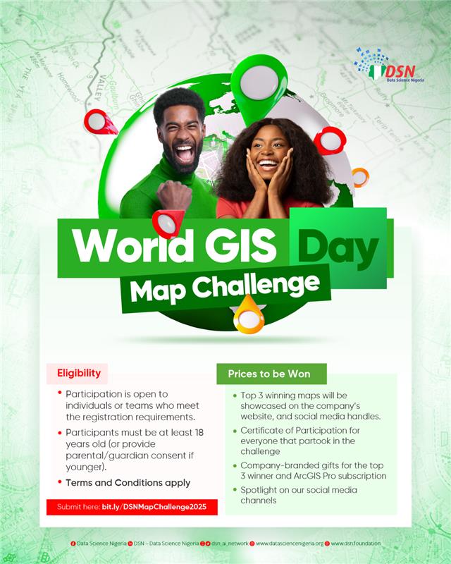 Seven days remain — and the opportunity to leave your mark is closing.

The DSN Geospatial Map Challenge ends on Sunday, 23 November 2025. This is the final call to transform geospatial data into stories, insight and impact that can inspire action across Africa.

Prizes include: