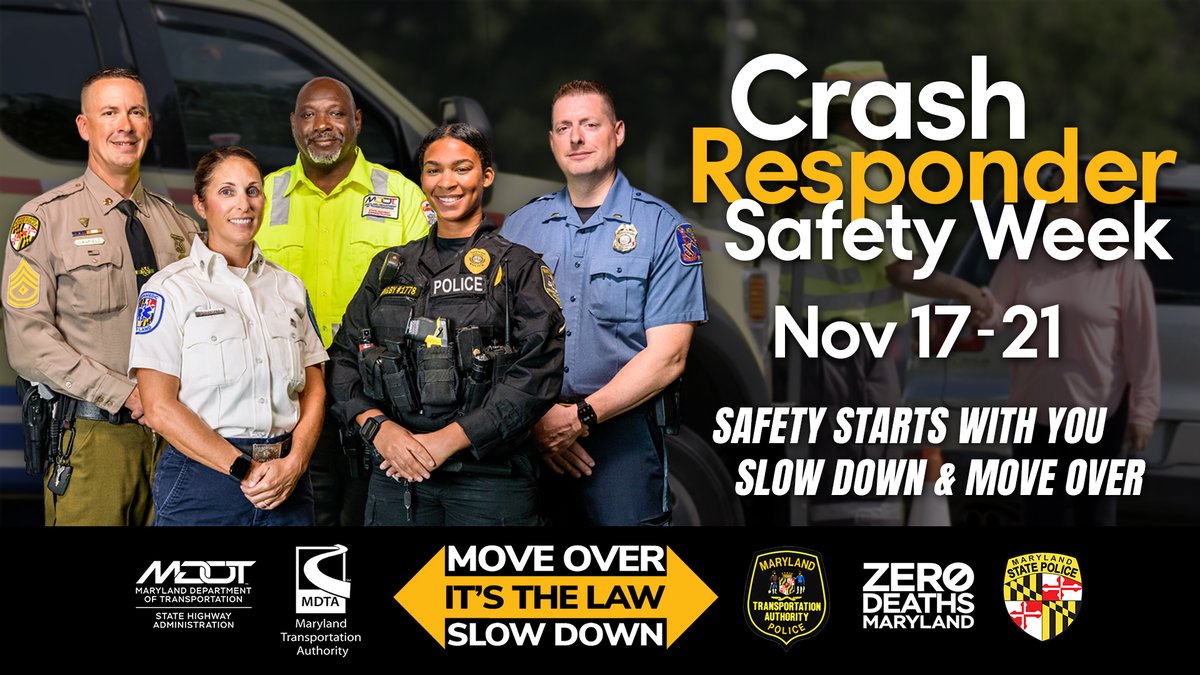 MDSHA's tweet image. 🚨 This week marks the start of Crash Responder Safety Week. 🚨

Safety starts with you. SLOW DOWN and MOVE OVER when approaching any crash responder – it’s the law. Let’s make sure all crash responders get home safely each and every day.

Learn more: transportationops.org/TIM/CRSW