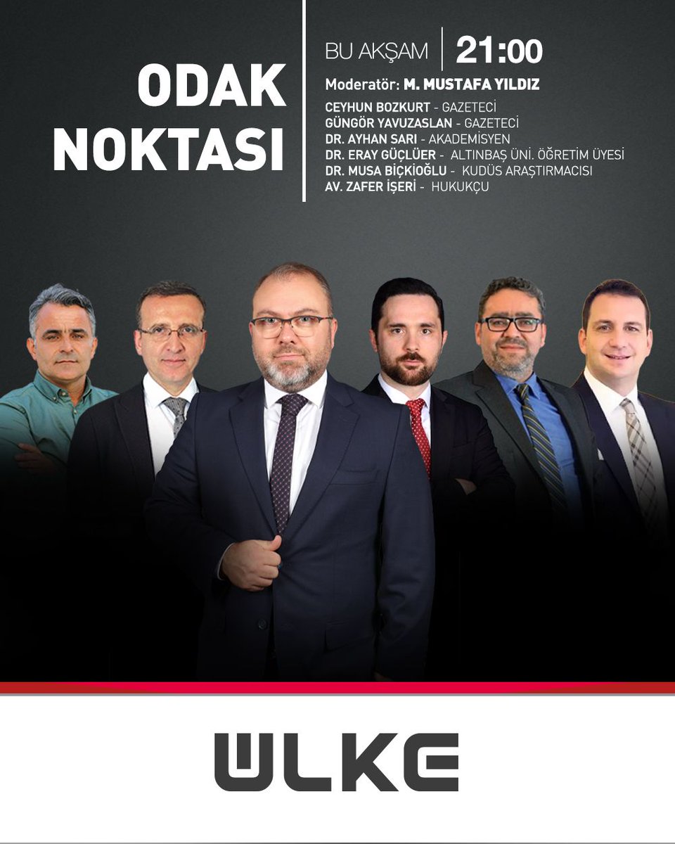 M. Mustafa Yıldız'ın sunduğu 'Odak Noktası' programına Gazeteciler Ceyhun Bozkurt ve Güngör Yavuzaslan, Akademisyen Dr. Ayhan Sarı, Altınbaş Üni. Öğretim Üyesi Dr. Eray Güçlüer, Kudüs Araştırmacısı Dr. Musa Biçkioğlu ve Hukukçu Av. Zafer İşeri konuk oluyor.
'Odak Noktası' bu