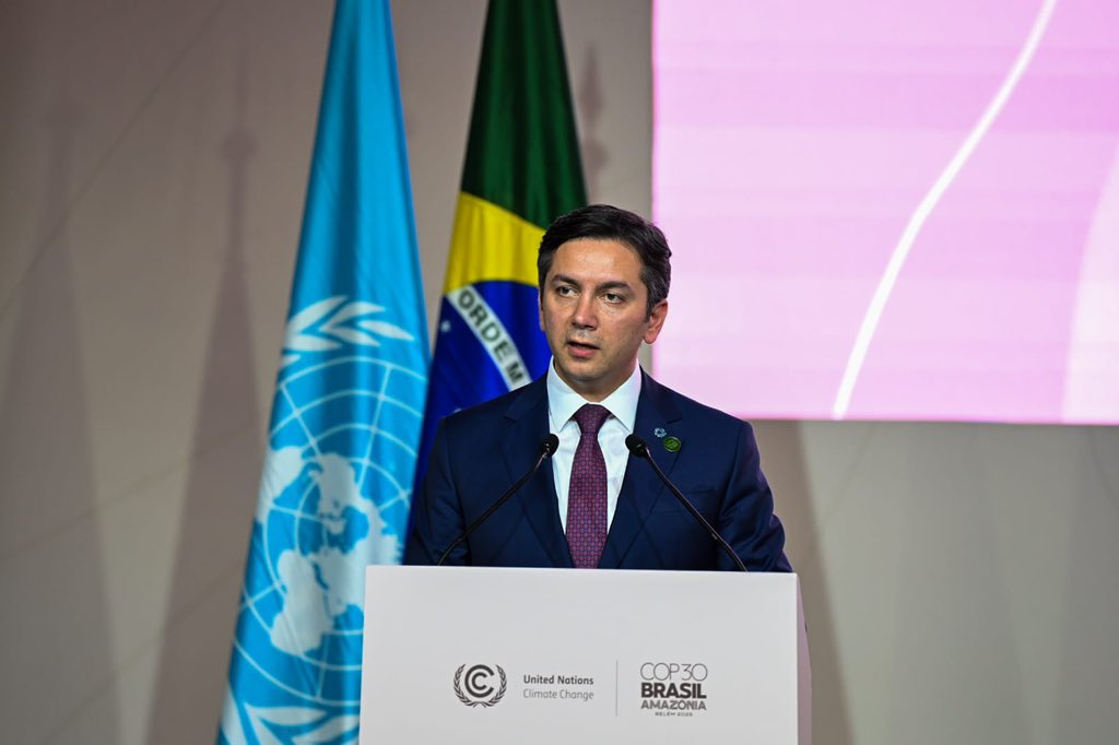 COP29_AZ's tweet photo. Deputy Foreign Minister and COP29 Chief Negotiator Yalchin Rafiyev today delivered Azerbaijan's national statement at COP30. In his remarks, he reflected on the historic outcomes achieved at COP29, reaffirmed Azerbaijan's commitment to multilateralism, and confirmed that Azerbaijan will continue to work closely with all Parties to progress climate action, now that its COP29 Presidency has successfully concluded. He also outlined Azerbaijan's own ambitious climate actions. This includes Azerbaijan's new NDC, which brings forward its commitment to reduce emissions by 40% by 15 years, from 2050 to 2035. It also includes Azerbaijan's domestic, regional and global efforts to protect the Caspian Sea, and he reiterated Azerbaijan's call for the international community to rally around and support efforts to protect this vital resource. #COP29 #COP30