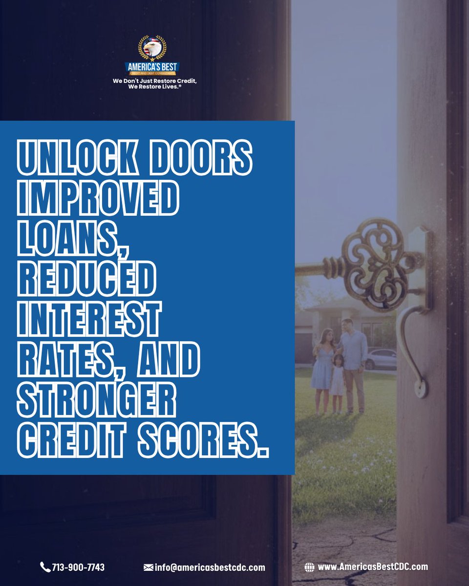 AmericasBestCDC's tweet image. Take control of your financial future today.
Unlock doors to improved loans, reduced interest rates, and stronger credit scores.
Better credit opens opportunities you may have thought were out of reach.