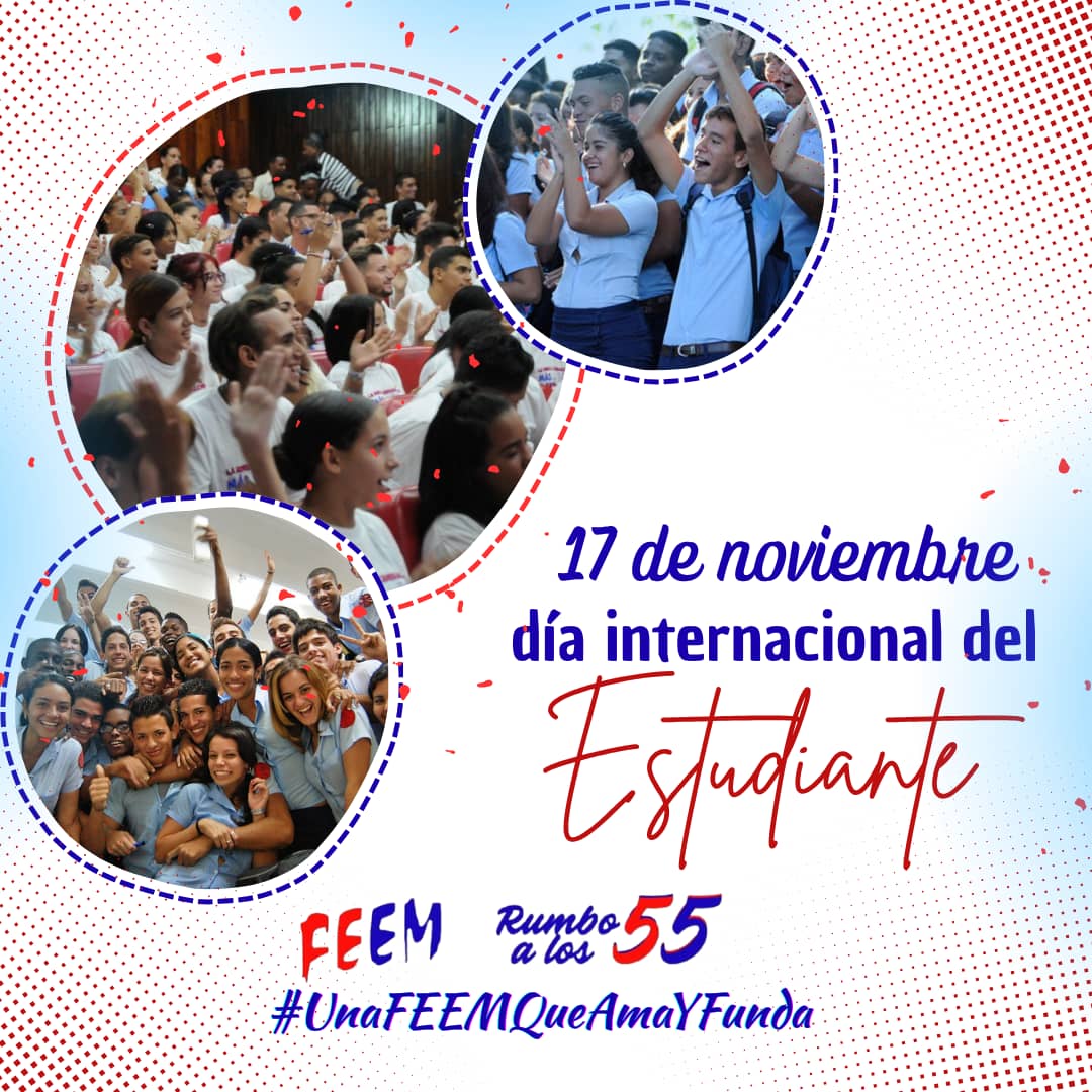Celebramos hoy los forjadores del futuro, los estudiantes 🤓 de la #FEEMdeCuba. Nosotros, seguidores del ideario martiano y fidelista 🫡.
Protagonistas de nuestra organización 🌟, que desde cada centro 🏫 mantenemos vivo el entusiasmo de la membresía de #UnaFEEMQueAmaYFunda ✊🏻