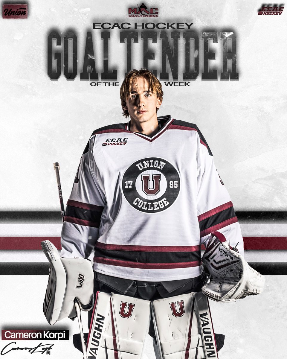 Unionmhockey's tweet image. Cameron Korpi is your ECAC Hockey MAC Goaltending Goalie of the Week!

An undefeated weekend, a shutout, and 56 saves will usually do that...

unionathletics.com/news/2025/11/1…

#UBeforeMe