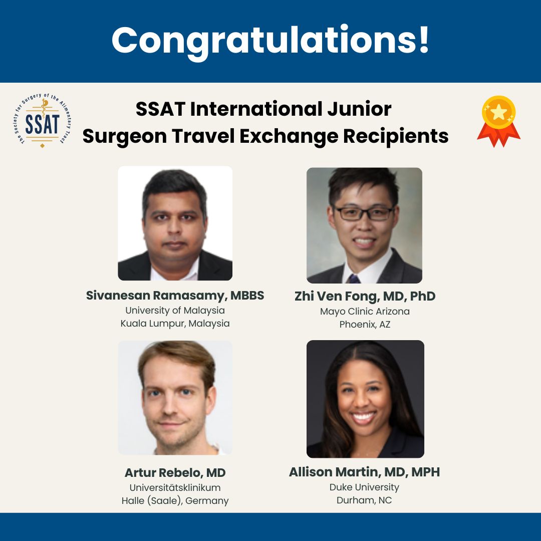 SSATNews's tweet image. Celebrating our 2026 SSAT International Junior Surgeon Travel Exchange recipients! Your dedication &amp;amp; contributions strengthen the global surgical community! Past recipients: ow.ly/Tnqo50XsTMy

@ZhiVenFongMD
@MayoClinic
@MayoAZSurg
@globalsurgallie
@DukeSurgery
@ArturRebelo2