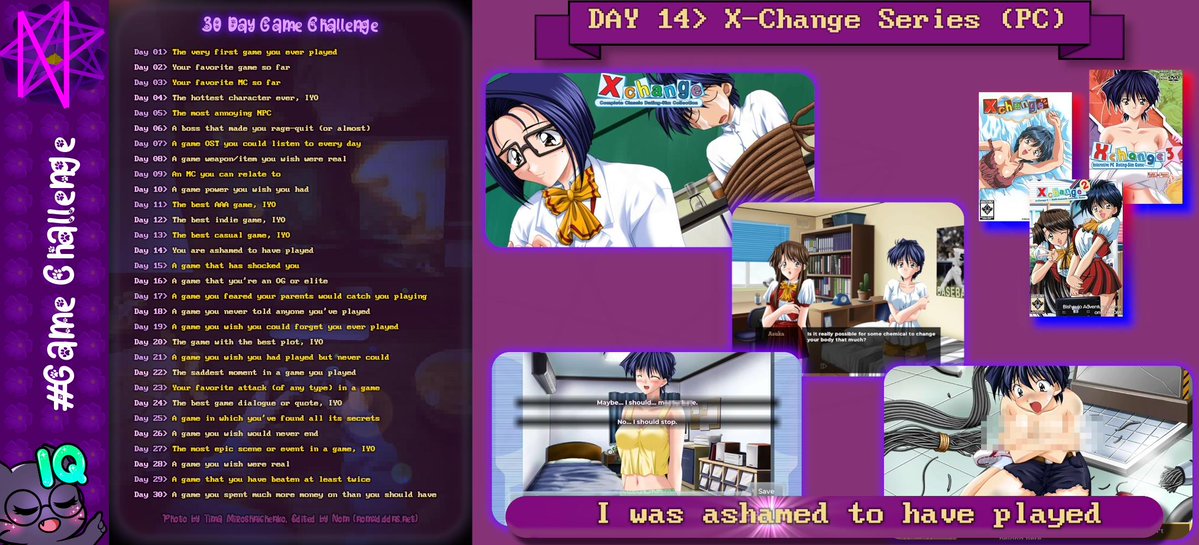 XdNom33675's tweet image. Day 14. Similar to what I said once, no game I play shames me anymore, but this one is from a time when they did: X-change. It&apos;s a visual novel (I loved these) and an eroge (not all of them are), in which we play as a man who changes sex. #Xchange #visualnovel #nomxd #Game🐾