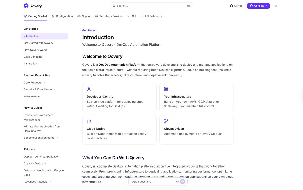 rophilogene's tweet image. Our new documentation is live ✨ It&apos;s a complete revamp designed to help you, as a Qovery user, get the most value from our platform. Our documentation is an integral part of our product, with contributions from each of our product engineers.