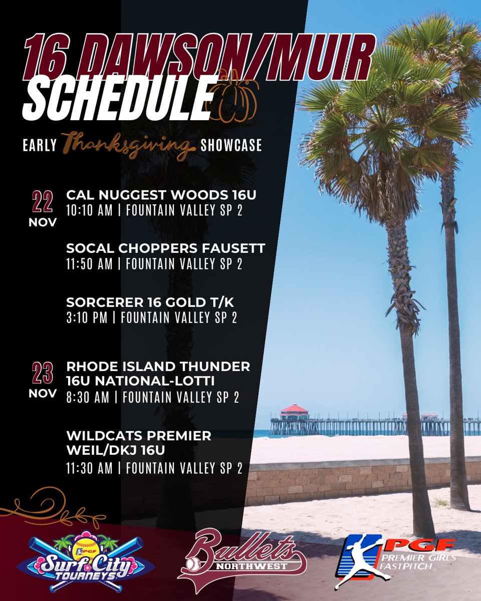 NWBulletsSB's tweet photo. Hitting the road one final time in 2025 for @pgfnetwork Early Thanksgiving Showcase in Huntington Beach next weekend!🦃🥎🌴 Go Bullets!!! https://t.co/xDXB2YM9O5