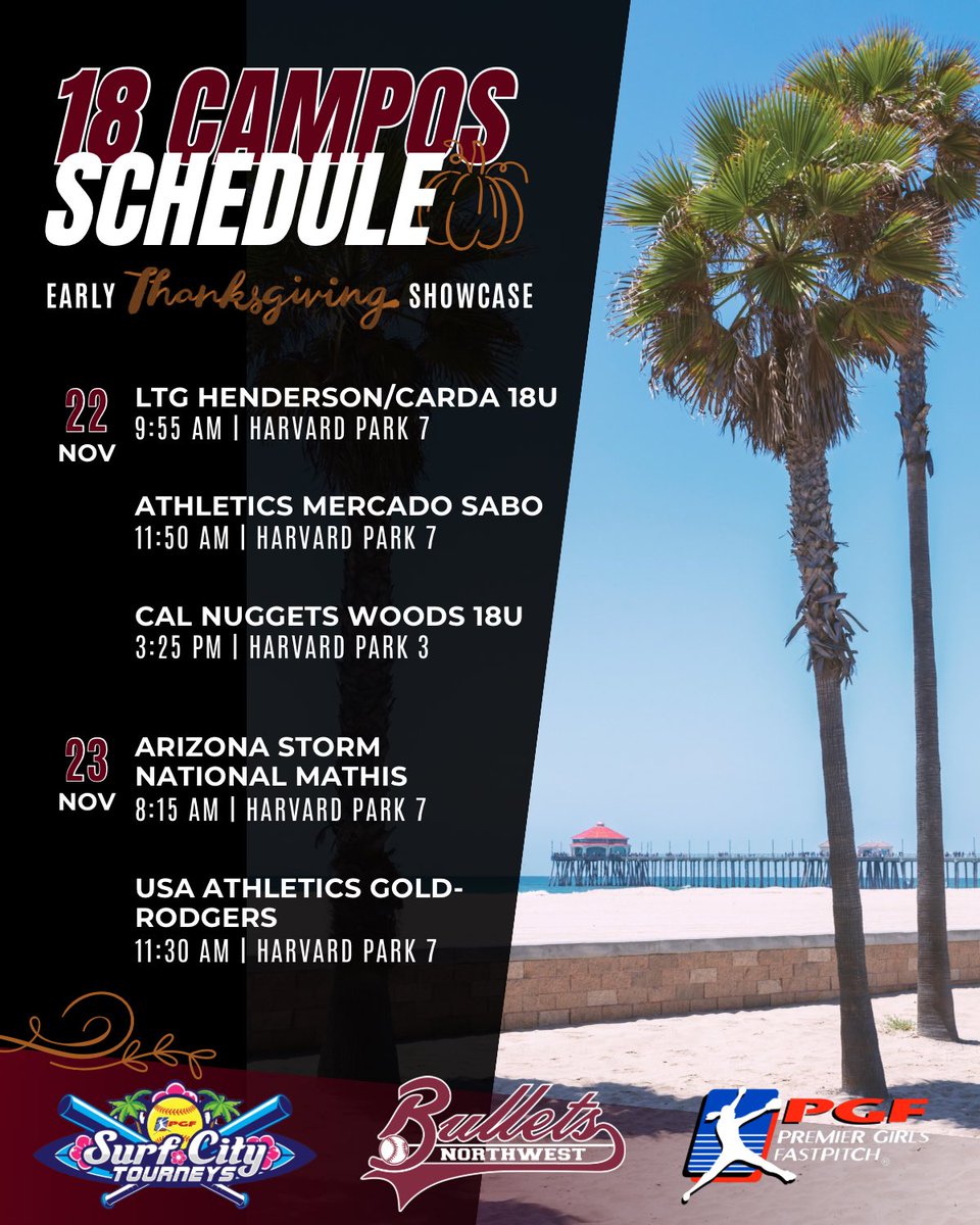 NWBulletsSB's tweet photo. Hitting the road one final time in 2025 for @pgfnetwork Early Thanksgiving Showcase in Huntington Beach next weekend!🦃🥎🌴 Go Bullets!!! https://t.co/xDXB2YM9O5