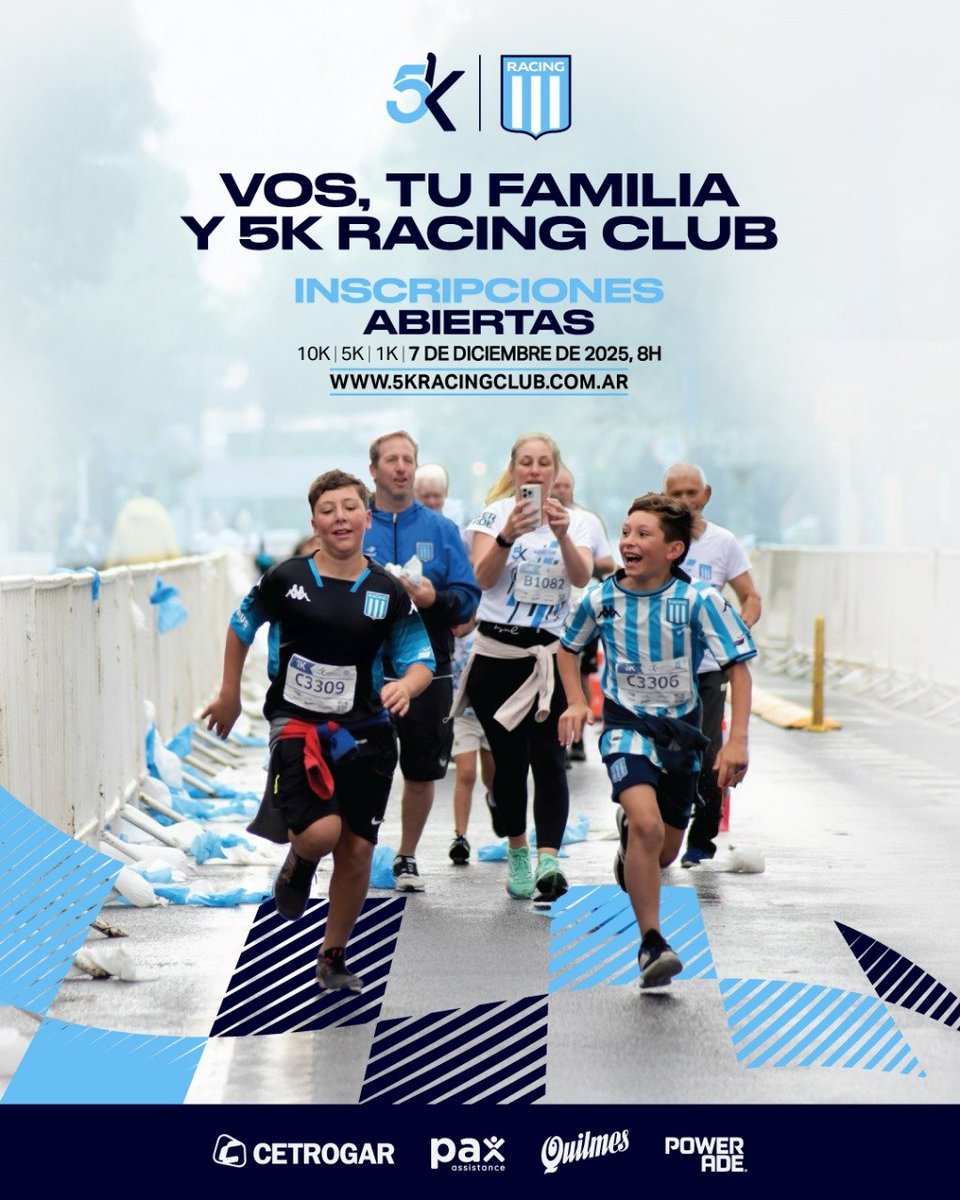 🏃‍♂️<a href="/5KRacingClub/">La carrera de Racing Club</a>
🗓️ 7/12 – 8h: Vuelve la Carrera 5K Racing, edición Nº13.
🏟️ Final único: ingreso y vuelta dentro del Cilindro.
📏 Distancias: 10k, 5k y 1k participativo.
🎽 Remera oficial + medalla finisher para todos.
🏅 Atletas de élite y equipo ARC presentes.
📝 Inscripción