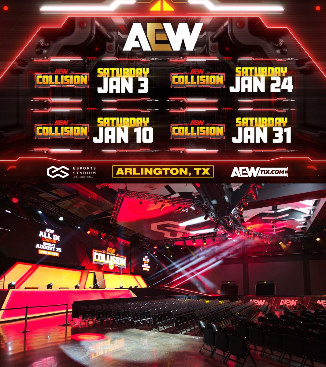 BREAKING: AEW is coming back to ESPORTS STADIUM IN ARLINGTON, TEXAS for a month-long Collision residency in January 2026!!! 🔥

January 3, 2026.
January 10, 2026.
January 24, 2026.
January 31, 2026.

4 SHOWS TOTAL.