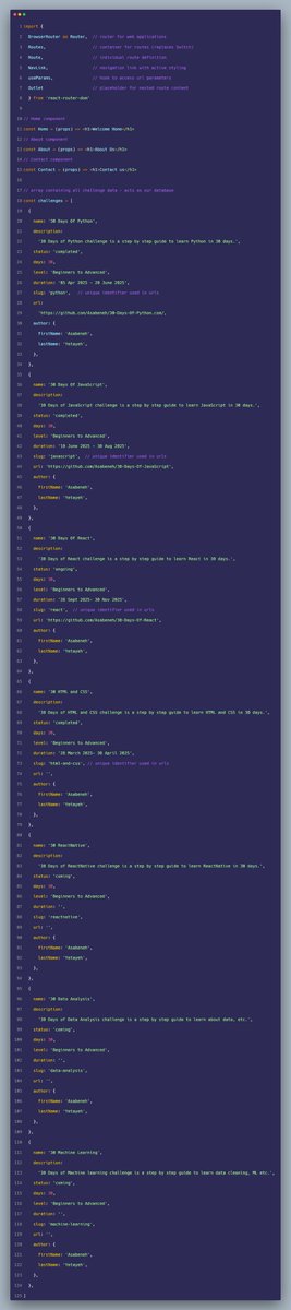 mubaraqabba's tweet image. React Router Nested Routing

nested routing enables hierarchical navigation with dynamic parameter handling for detailed component views

useParams hook extracts url path variables facilitating data-driven component rendering based on route parameters

dynamic slug implementation…