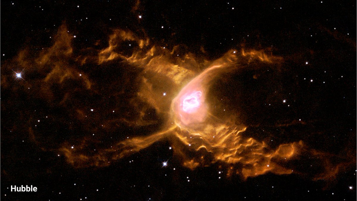 NASAHubble's tweet image. With great power, comes great space views 🕷️

Hubble and @NASAWebb have now both observed the Red Spider Nebula.

In visible light, Hubble&apos;s view shows the nebula&apos;s distinctive structure; Webb&apos;s infrared image reveals stars hidden behind the gas and dust.
